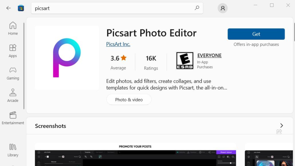 search picsart on microsoft store